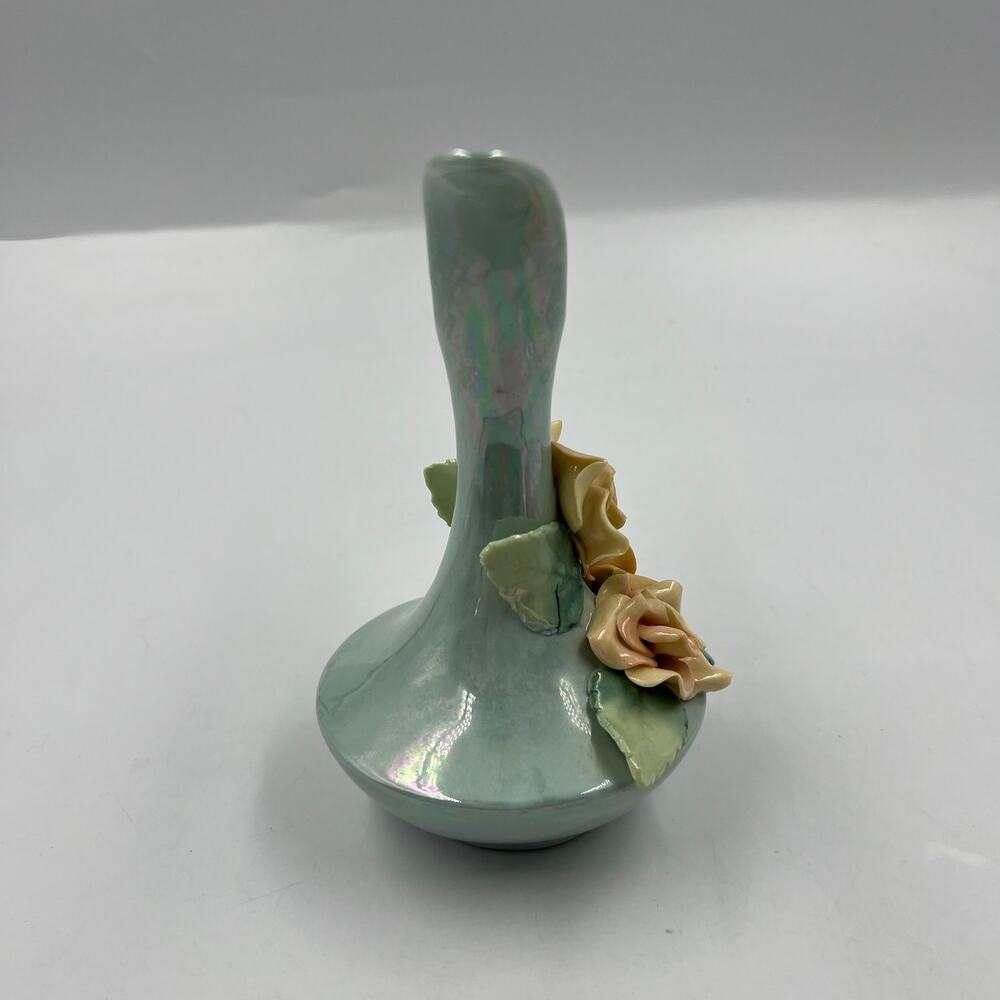 Vintage Capodimonte Lustreware Bud Vase Pitcher Porcelain W Applied Flowers Blue - Picture 9 of 9